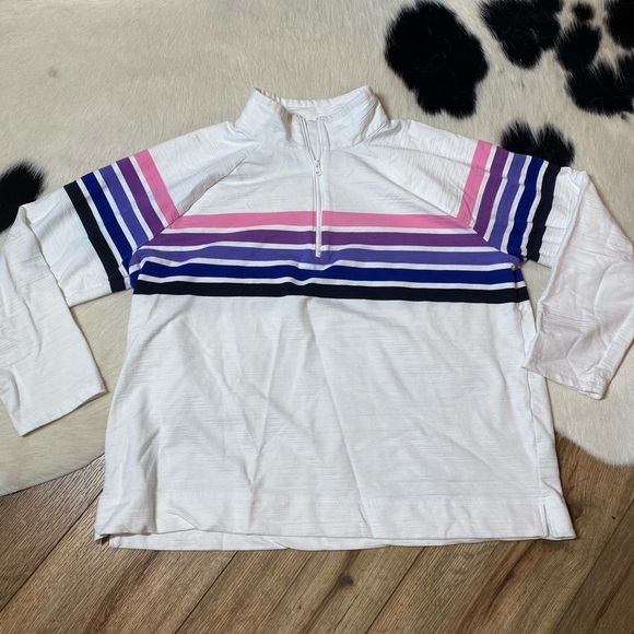 Talbots Cozy Crush White Striped Sweatshirt, quarter-zip pullover - Picture 3 of 10